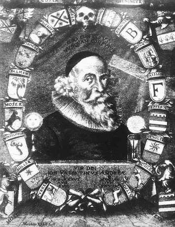 Portrait of Johann Valentin Andrea looking like an aged Francis Bacon. Note the two framed letters F and B separated by a shield with a court jester.